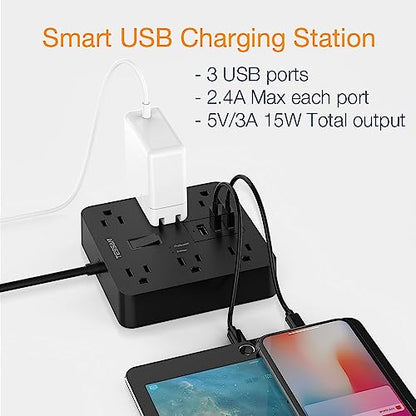 Surge Protector Power Strip Black, TESSAN 5 Ft Extension Cord with 6 Outlets 3 USB Charger, 1700J Flat Plug Desktop Charging Station for Home, Office, School, College Dorm Room Essential