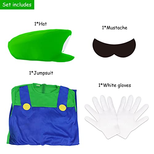 HEYFIZZ Super Brother Mario Costume for Adults-Mario and Luigi Costume for Men Halloween Cosplay Jumpsuit with Accessory (Green, L)