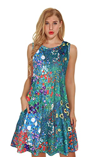 Summer T-Shirt Dress for Women Sleeveless Beach Bohemian Floral Sundress Tunic Swing Casual Loose Pockets(Blue Garden Floral,L)