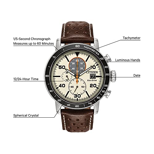 Citizen Men's Eco-Drive Weekender Brycen Chronograph Watch in Stainless Steel, Brown Leather strap, Ivory Dial (Model: CA0649-06X)