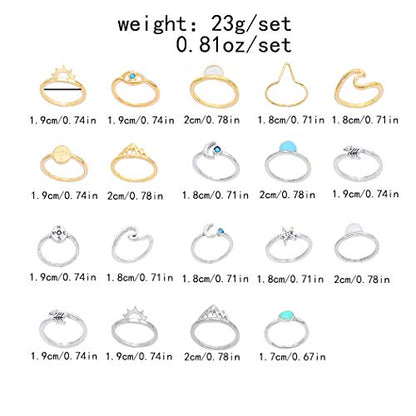 FUTIMELY Boho Retro Stackable Rings Sets for Teens Girls Women,Peak Sea Wave Compass Turquoise Rhinestone Knuckle Joint Finger Kunckle Nail Ring Sets (:1：19PC)