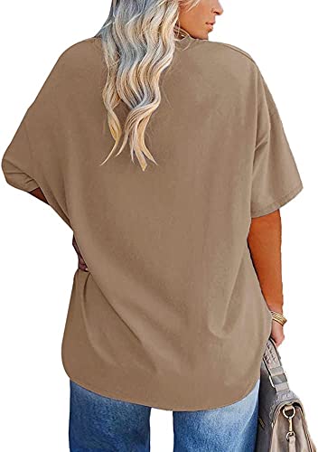 Fisoew Women's Plus Size T Shirts Oversized Tees Half Sleeve Crew Neck Cotton Tunic Tops Khaki