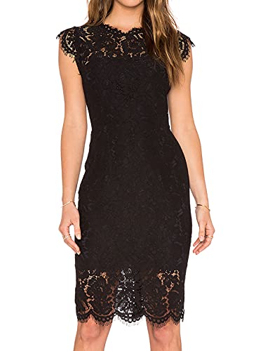 MEROKEETY Women's Sleeveless Lace Floral Elegant Cocktail Dress Crew Neck Knee Length for Party A-Black