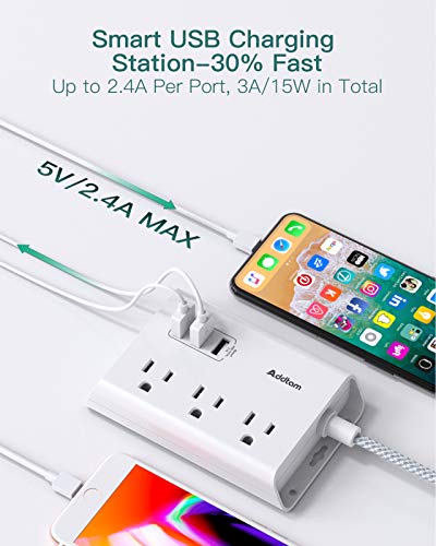 Power Strip with USB, Addtam ETL Certificate Flat Plug Extension Cord with 3 USB Ports, 3 Widely Spaced Outlets, 5 Feet Braided Cord, Desktop Small Travel Power Strip for Cruise Ship, Home, Office