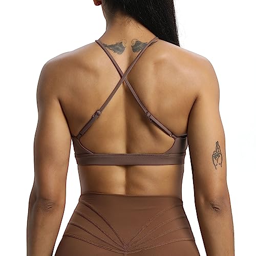 Aoxjox Women's Workout Sports Bras Jamie Deep V Fitness Backless Padded Training Gym Bra Yoga Crop Tank Top (Fudge Coffee, Medium)