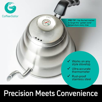 Coffee Gator Gooseneck Kettle with Thermometer, 34 oz Stainless Steel, Stove Top, Premium Pour Over Kettle for Tea and Coffee w/Precision Drip Spout, 4 Cup