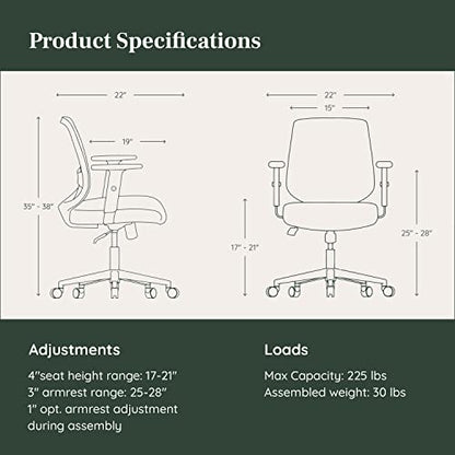 Branch Daily Chair - Sustainable and Stylish Mesh Computer Office Chair with Swivel, Lumbar Rest, and Adjustable Armrests - Comfortable Seating for Improved Posture and Productivity - Slate-White