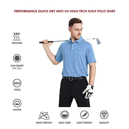 Mens Golf Shirts Moisture Wicking Dry Fit Short Sleeve Performance Sport Stripe Golf Polo Shirts for Men