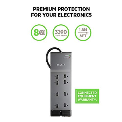 Belkin Power Strip Surge Protector with 8 Outlets, 6 ft Long Flat Plug Heavy Duty Extension Cord + Overload Protection for Home, Office, Travel, Compuer Desktop & Phone Charging Brick (3,550 Joules)