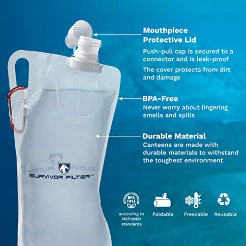 Survivor Filter Clear Collapsible Water Bottle Canteens - Travel Water Bottle - Includes Carabiners - Use with Our Straw Filter or as Foldable Water Bottles - BPA Free - White - 2 x 33oz / 1 Liter