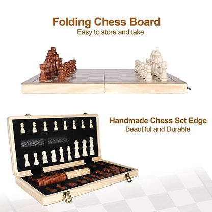 Demiwise 15" Wooden Chess Sets,Chess & Checkers Set with 2 Extra Queens,Foldable Wooden Chess Set Board for Adults and Kids,Handmade Portable Chess Board Game for Familly Travelling