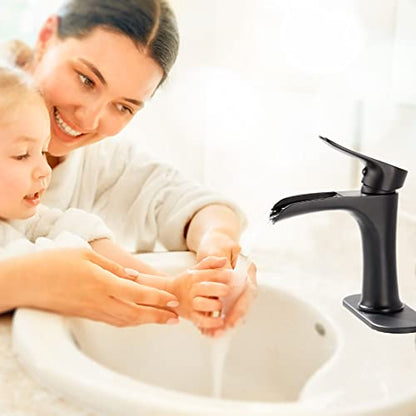 Waterfall Bathroom Faucet Black YUNDOOM Matte Black with Pop Up Drain Single Handle One Hole or Three Holes Vanity Farmhouse RV Vessel Basin Faucet Deck Mount