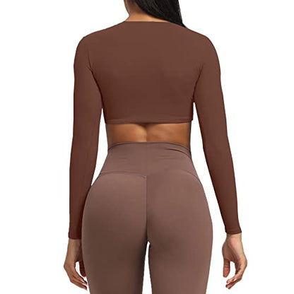 Aoxjox Long Sleeve Crop Tops for Women Sienna Twist Deep V Workout Crop T Shirt Top (Dark Brown, X-Large)