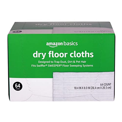 Amazon Basics Dry Floor Cleaning Cloths to Trap Dust, Dirt, Pet Hair, 64 Count (Previously Solimo), White, 10.4" x 8"