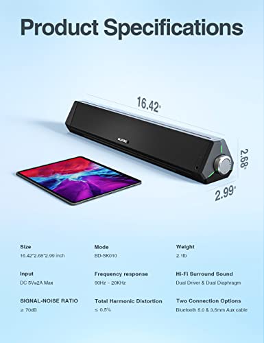 Computer Speakers, Bluetooth Soundbar, HiFi Stereo, 3.5mm Aux-in Connection, USB Powered Speakers for Desktop Monitor, PC, Laptop, Tablets