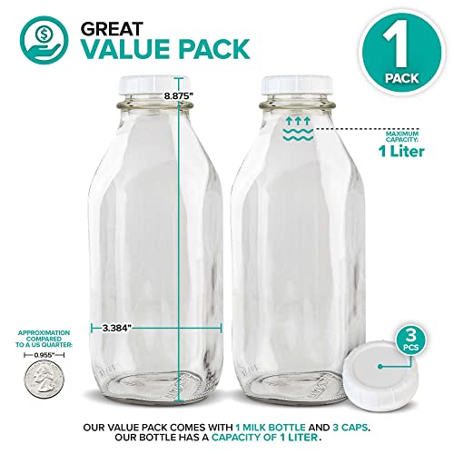 Stock Your Home Liter Glass Milk Bottle with Lid (1 Pack) 32 Oz Jugs and 3 White Caps, Reusable Food Grade Milk Container for Refrigerator, Bottles for Juice, Oat or Plant Milks, Water, Honey