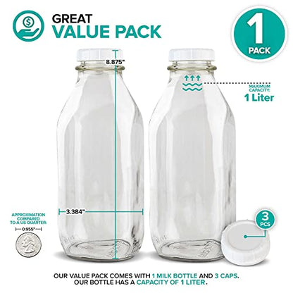 Stock Your Home Liter Glass Milk Bottle with Lid (1 Pack) 32 Oz Jugs and 3 White Caps, Reusable Food Grade Milk Container for Refrigerator, Bottles for Juice, Oat or Plant Milks, Water, Honey