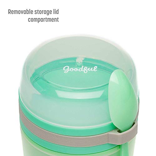 Goodful Double Wall Insulated Yogurt Container, Leak Proof Food Storage, Snack Container with Reusable Plastic Spoon, Microwave Safe, Dishwasher safe, Freezer Safe, 14-Ounce, Green