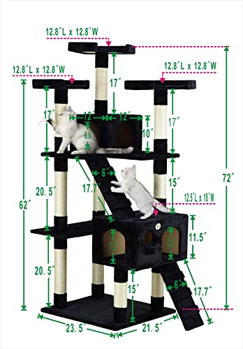 Go Pet Club 72" Tall Extra Large Cat Tree Kitty Tower Condo Cat House for Large Indoor Cats Play Scratch Hide Climb Activity Furniture with Toy, Black