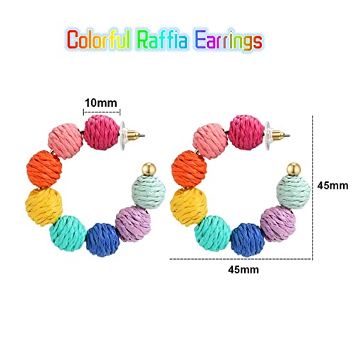 stainless steel Rattan Earrings Summer Boho Raffia Ball Hoop Dangle Earrings for Women Girls Lightweight Straw Wicker Statement Earrings Bohemian Beach Earrings Jewelry Gifts (Colorful)