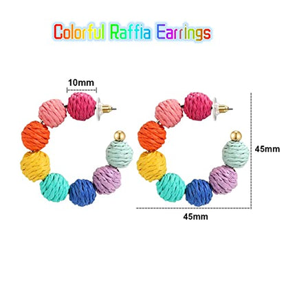 stainless steel Rattan Earrings Summer Boho Raffia Ball Hoop Dangle Earrings for Women Girls Lightweight Straw Wicker Statement Earrings Bohemian Beach Earrings Jewelry Gifts (Colorful)