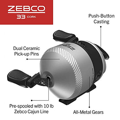 Zebco 33 Cork Spincast Reel and Fishing Rod Combo, 6-Foot 2-Piece Graphite Rod with Cork Handle, Quickset Anti-Reverse Fishing Reel with Bite Alert, Silver