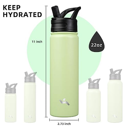 Konokyo Insulated Water Bottle with Straw,22oz 3 Lids Metal Bottles Stainless Steel Water Flask,Macaron Green