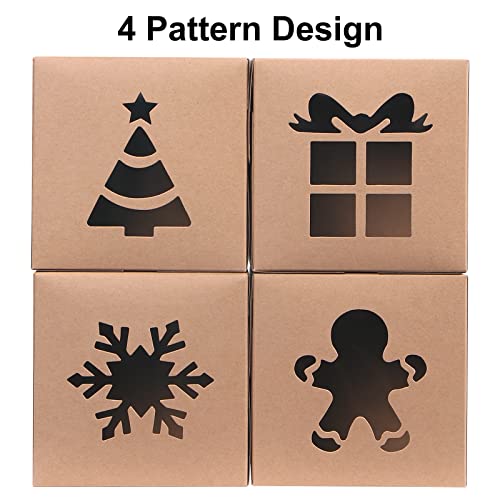 NEWBEA 24Pcs Cookie Boxes with Window 4 x 4 x 2.5 Inches Bakery Boxes Set Christmas Holiday Treat Boxes for Cakes,Cupcakes,Donuts,Pies,Cookies(Kraft)