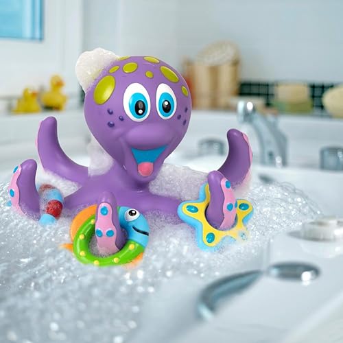 Nuby Floating Purple Octopus Toy with 3 Hoopla Rings - Baby Bath Toy for Boys and Girls 18+ Months