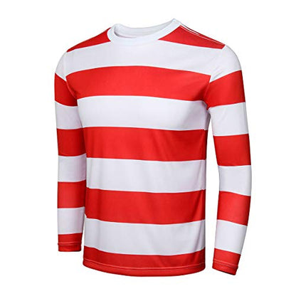 Adult Men Red and White Striped Tee Shirt Glasses Hat Outfit Suit Set Halloween Cosplay Costume Party Props (X-Large, Adult Men)