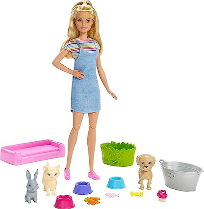 Barbie Play 'N Wash Pets Doll & Playset with 3 Color-Change Animals & 10 Accessories, Blonde Doll with Blue Eyes