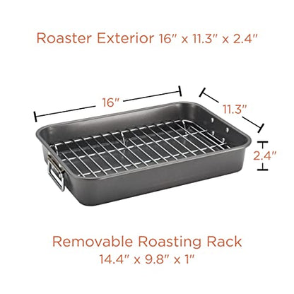 Farberware Bakeware Nonstick Steel Roaster with Flat Rack, 11-Inch x 15-Inch, Gray