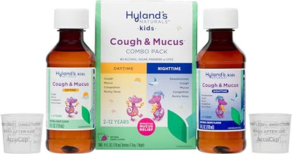 Hyland's Naturals Kids Cough & Mucus Daytime & Nighttime Combo Pack, Cough Medicine for Ages 2-12, Grape Flavor, Natural Relief of Sleeplessness, Cough, Runny Nose, Mucus & Congestion, 8 Ounces