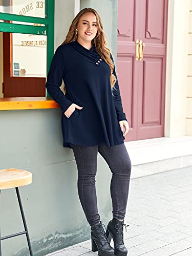 LARACE Cowl Neck Sweatshirts For Women Plus Size Tops With Pockets Long Sleeve Tunic Casual Pullover Button Down Shirt, Navy Blue M