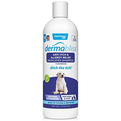 Vetnique Labs Dermabliss Dog Allergy and Itch Relief, Skin and Coat Health Supplements and Grooming Supplies with Omega 3-6-9, Biotin - Ditch The Itch (Itch Relief, 16oz Shampoo)