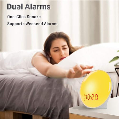 Wake Up Light Sunrise Alarm Clock for Kids, Heavy Sleepers, Bedroom, with Sunrise Simulation, Fall Asleep, Dual Alarms, FM Radio, Snooze, Nightlight, Colorful Lights, 7 Natural Sounds, Ideal for Gift