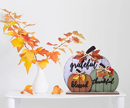 CYNOSA Fall Decorations for Home Blessed Grateful Thankful Sign Fall Decor Thanksgiving Decorations Wooden Pumpkin Tabletop Signs for Home Thanksgiving Farmhouse Living Room Harvest