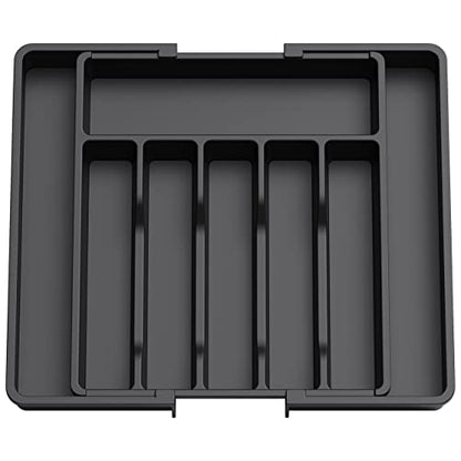 Lifewit Silverware Drawer Organizer, Expandable Utensil Tray for Kitchen, Adjustable Flatware and Cutlery Holder, Compact Plastic Storage for Spoons Forks Knives, Large, Black