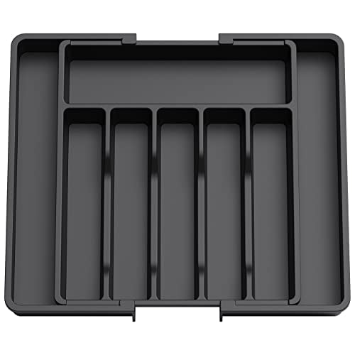 Lifewit Silverware Drawer Organizer, Expandable Utensil Tray for Kitchen, Adjustable Flatware and Cutlery Holder, Compact Plastic Storage for Spoons Forks Knives, Large, Black