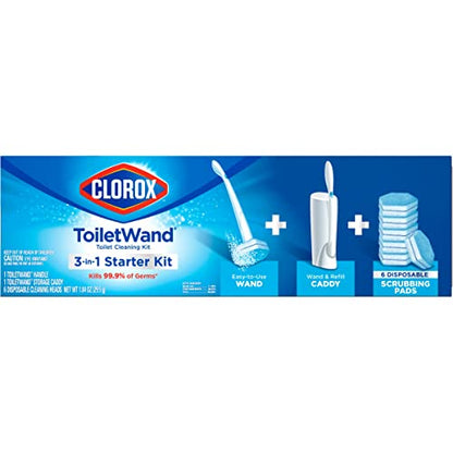 Clorox ToiletWand Disposable Toilet Cleaning Kit, Toilet Brush, Toilet and Bathroom Cleaning System with Storage Caddy and 6 Disinfecting ToiletWand Refill Heads (Package May Vary)