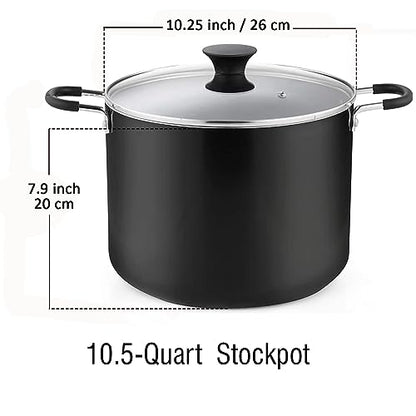 Cook N Home Nonstick Stockpot with Lid 10.5-Qt, Deep Cooking Pot Cookware Canning Stock Pot with Glass Lid, Black