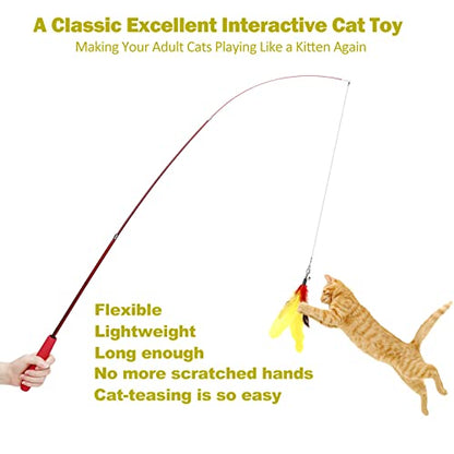 MeoHui Interactive Kitten Wand Fishing Pole Toy 2PCS Retractable and 9PCS Funny Feather Toys Refills for Bored Indoor Cats Chase and Exercise