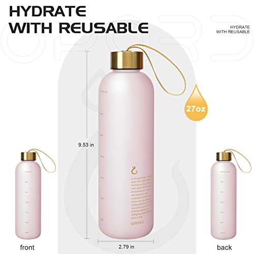 Opard 27oz Water Bottles with Times to Drink - Reusable Motivational Water Bottle with Time Marker and Strap - BPA Free Frosted Plastic - Gym, Sports, Travel (800ml)