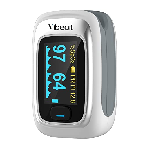 Vibeat Oxygen Meter Fingertip Pulse Oximeter with Alarm, O2 Sat Monitor Finger for Oxygen, Check Blood Oxygen Saturation Level (SpO2), Heart Rate and Perfusion Index at Home, with Batteries, Lanyard and Carry Pouch Included