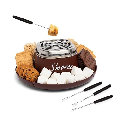 Nostalgia Tabletop Indoor Electric S'mores Maker - Smores Kit With Marshmallow Roasting Sticks and 4 Trays for Graham Crackers, Chocolate, and Marshmallows - Movie Night Supplies - Brown