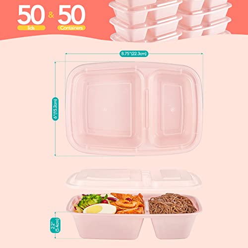 50 Pack Pink Meal Prep Containers 2 Compartments, Glotoch 32OZ to Go Containers for Food, Disposable Plastic Food Containers with Lids for Microwave Dishwasher Freezer Safe