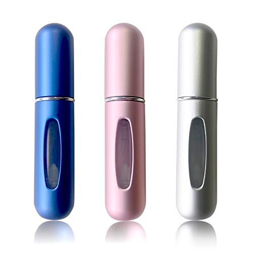 Refillable Perfume Atomizer Bottle, Pocket Cologne Sprayer, Travel Mini Perfume Atomizer Container Multicolor Perfume Spray, Scent Pump Case for Traveling 3 Pcs Pack of 5ml, Blue-Silver-Rose Pink