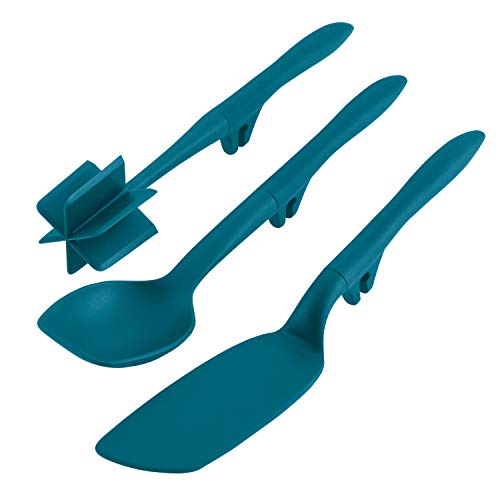 Rachael Ray Tools and Gadgets Lazy Crush & Chop, Flexi Turner, and Scraping Spoon Set / Cooking Utensils - 3 Piece, Teal Blue