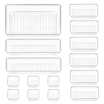 Vtopmart 15 PCS Clear Plastic Drawer Organizers Set, 4-Size Versatile Bathroom and Vanity Drawer Organizer Trays, Storage Bins for Makeup, Bedroom, Kitchen Gadgets Utensils and Office