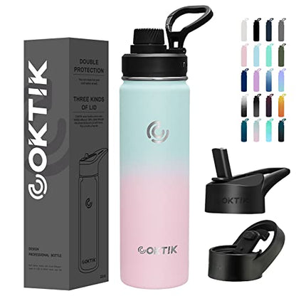 COKTIK Insulated Stainless Steel Water Bottle With Straw Lid, 22 oz Wide Mouth Double Wall Vacuum Insulated Water Bottle Leakproof Lightweight for Hiking, Biking, Running(Bubble Gum)